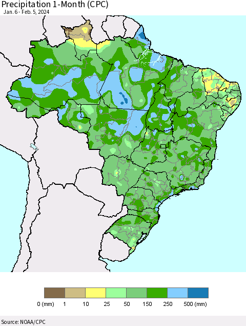 Brazil Precipitation 1-Month (CPC) Thematic Map For 1/6/2024 - 2/5/2024