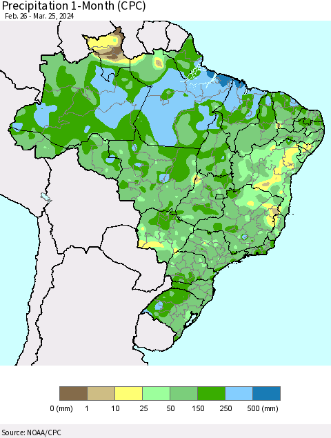 Brazil Precipitation 1-Month (CPC) Thematic Map For 2/26/2024 - 3/25/2024