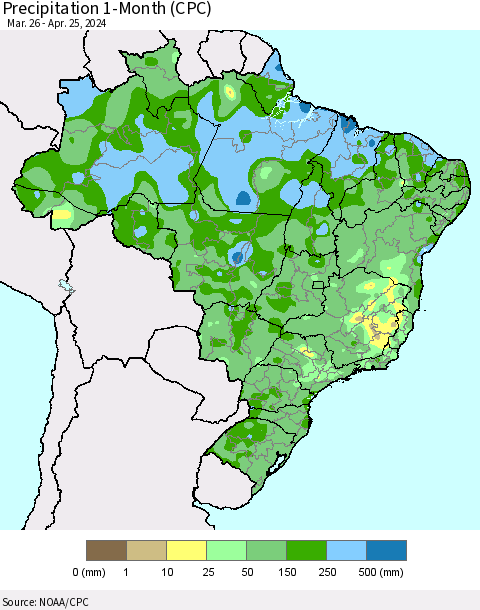 Brazil Precipitation 1-Month (CPC) Thematic Map For 3/26/2024 - 4/25/2024