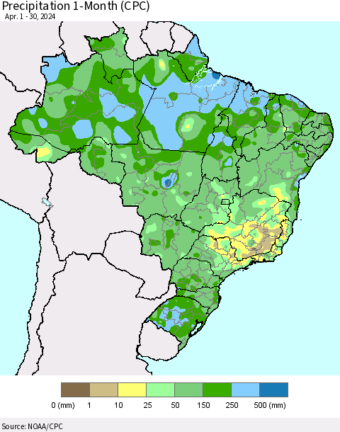 Brazil Precipitation 1-Month (CPC) Thematic Map For 4/1/2024 - 4/30/2024
