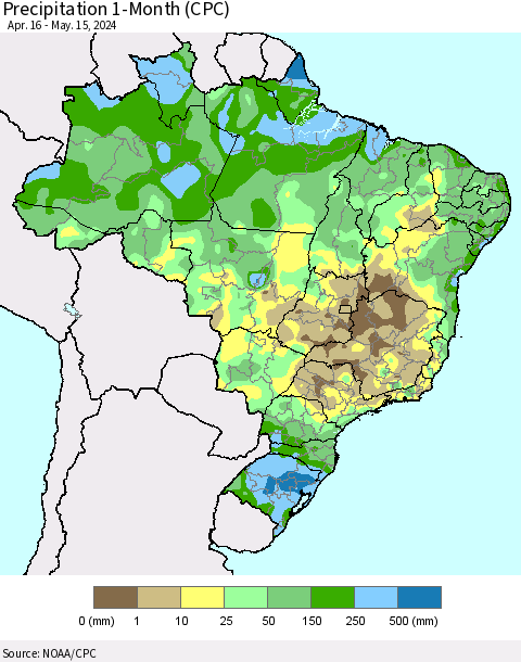 Brazil Precipitation 1-Month (CPC) Thematic Map For 4/16/2024 - 5/15/2024