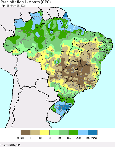Brazil Precipitation 1-Month (CPC) Thematic Map For 4/26/2024 - 5/25/2024
