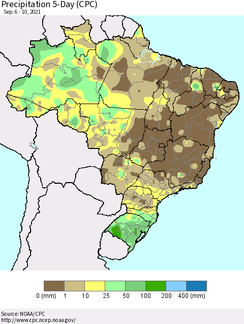 Brazil Precipitation 5-Day (CPC) Thematic Map For 9/6/2021 - 9/10/2021