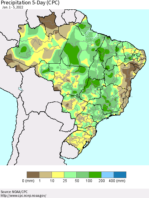 Brazil Precipitation 5-Day (CPC) Thematic Map For 1/1/2022 - 1/5/2022