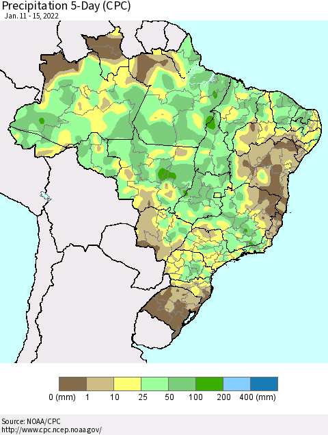 Brazil Precipitation 5-Day (CPC) Thematic Map For 1/11/2022 - 1/15/2022