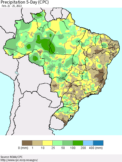 Brazil Precipitation 5-Day (CPC) Thematic Map For 2/21/2022 - 2/25/2022