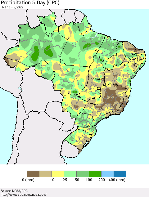 Brazil Precipitation 5-Day (CPC) Thematic Map For 3/1/2022 - 3/5/2022