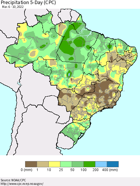 Brazil Precipitation 5-Day (CPC) Thematic Map For 3/6/2022 - 3/10/2022