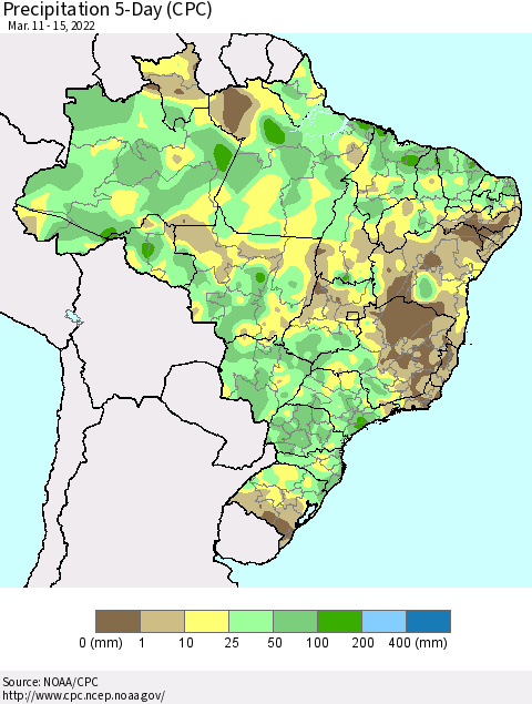 Brazil Precipitation 5-Day (CPC) Thematic Map For 3/11/2022 - 3/15/2022