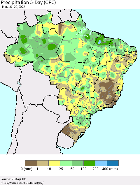 Brazil Precipitation 5-Day (CPC) Thematic Map For 3/16/2022 - 3/20/2022