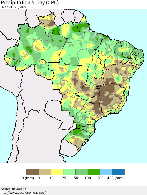 Brazil Precipitation 5-Day (CPC) Thematic Map For 3/21/2022 - 3/25/2022
