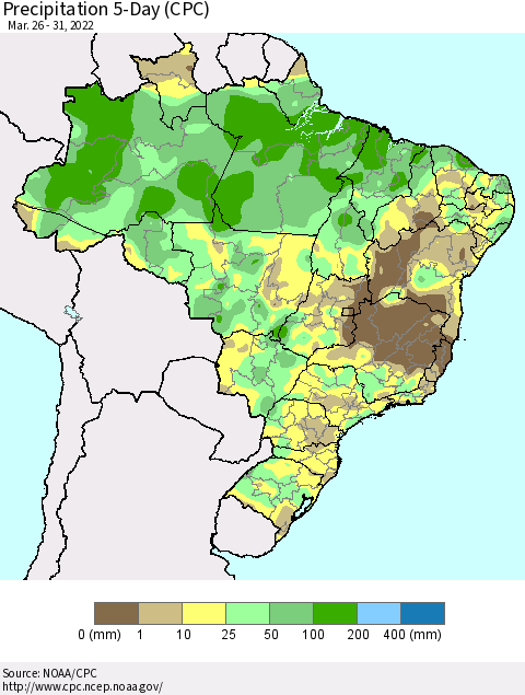 Brazil Precipitation 5-Day (CPC) Thematic Map For 3/26/2022 - 3/31/2022