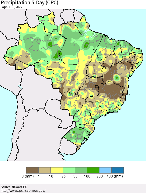 Brazil Precipitation 5-Day (CPC) Thematic Map For 4/1/2022 - 4/5/2022