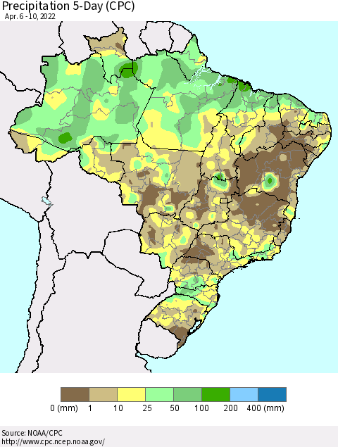Brazil Precipitation 5-Day (CPC) Thematic Map For 4/6/2022 - 4/10/2022