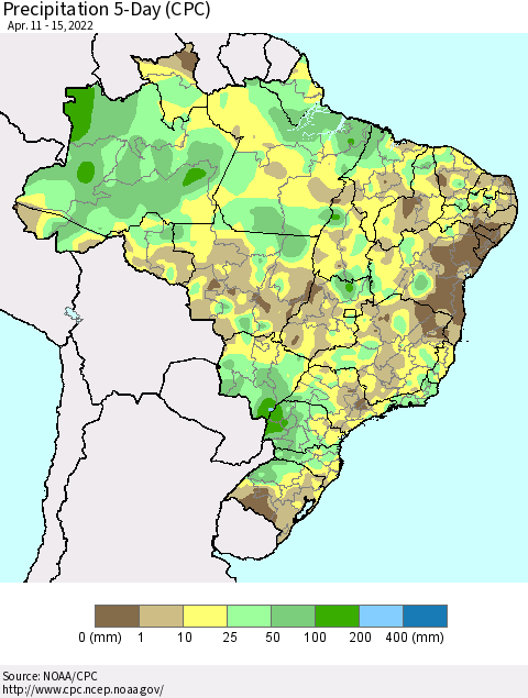 Brazil Precipitation 5-Day (CPC) Thematic Map For 4/11/2022 - 4/15/2022