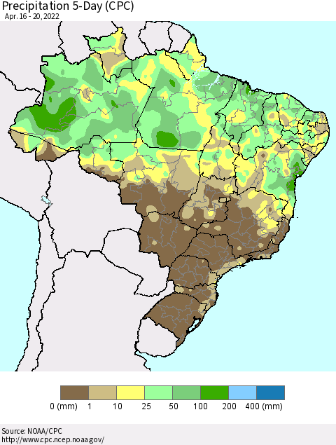 Brazil Precipitation 5-Day (CPC) Thematic Map For 4/16/2022 - 4/20/2022
