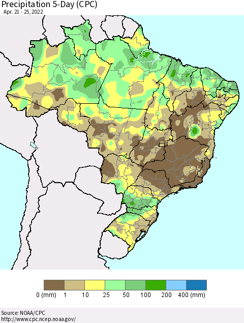 Brazil Precipitation 5-Day (CPC) Thematic Map For 4/21/2022 - 4/25/2022