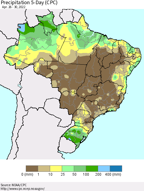 Brazil Precipitation 5-Day (CPC) Thematic Map For 4/26/2022 - 4/30/2022