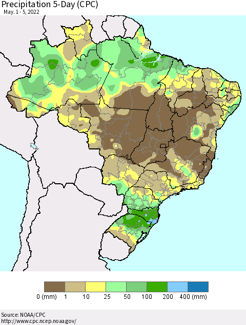 Brazil Precipitation 5-Day (CPC) Thematic Map For 5/1/2022 - 5/5/2022