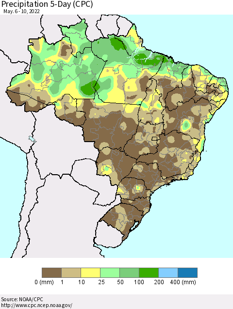 Brazil Precipitation 5-Day (CPC) Thematic Map For 5/6/2022 - 5/10/2022