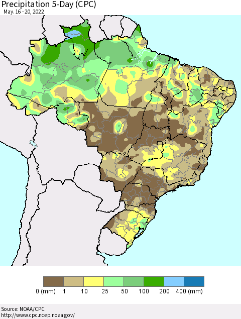 Brazil Precipitation 5-Day (CPC) Thematic Map For 5/16/2022 - 5/20/2022