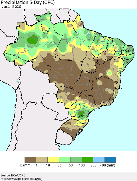 Brazil Precipitation 5-Day (CPC) Thematic Map For 6/1/2022 - 6/5/2022