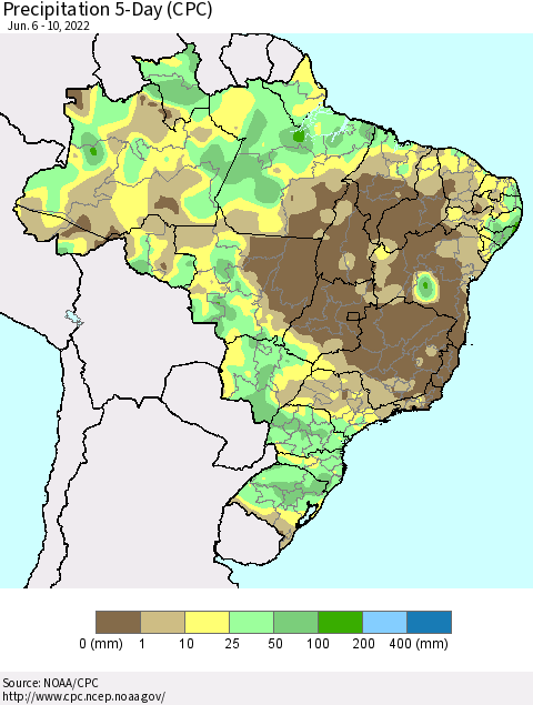 Brazil Precipitation 5-Day (CPC) Thematic Map For 6/6/2022 - 6/10/2022