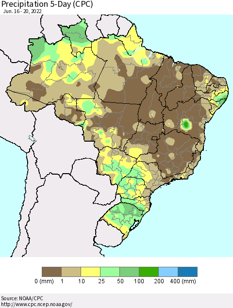 Brazil Precipitation 5-Day (CPC) Thematic Map For 6/16/2022 - 6/20/2022