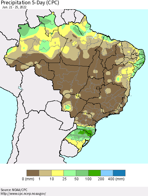 Brazil Precipitation 5-Day (CPC) Thematic Map For 6/21/2022 - 6/25/2022