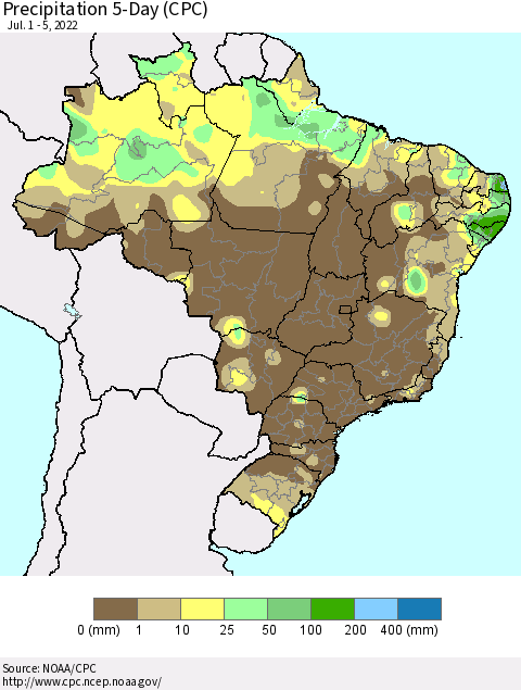 Brazil Precipitation 5-Day (CPC) Thematic Map For 7/1/2022 - 7/5/2022
