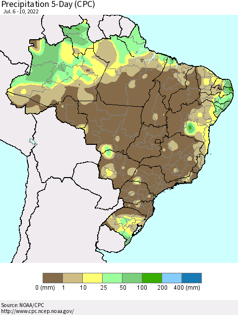Brazil Precipitation 5-Day (CPC) Thematic Map For 7/6/2022 - 7/10/2022