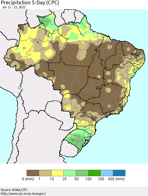 Brazil Precipitation 5-Day (CPC) Thematic Map For 7/11/2022 - 7/15/2022