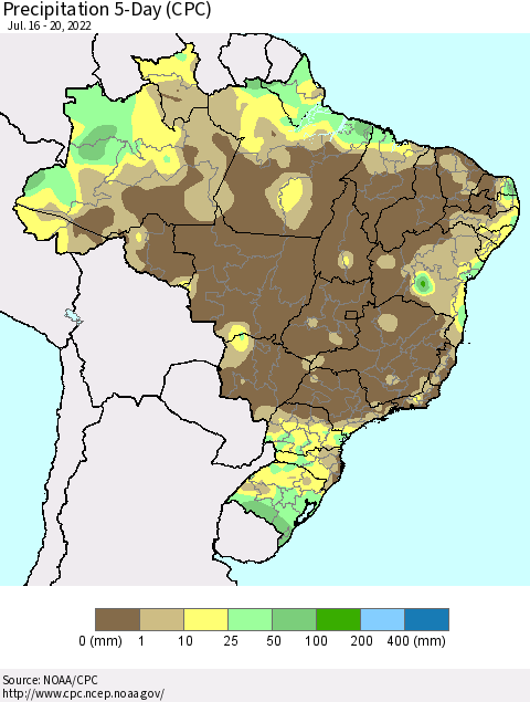 Brazil Precipitation 5-Day (CPC) Thematic Map For 7/16/2022 - 7/20/2022