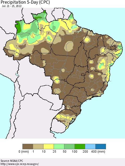 Brazil Precipitation 5-Day (CPC) Thematic Map For 7/21/2022 - 7/25/2022