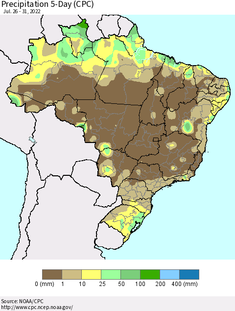 Brazil Precipitation 5-Day (CPC) Thematic Map For 7/26/2022 - 7/31/2022