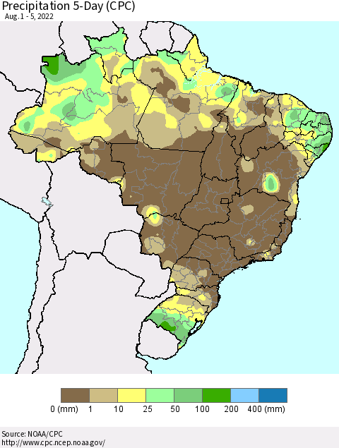 Brazil Precipitation 5-Day (CPC) Thematic Map For 8/1/2022 - 8/5/2022