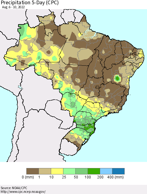 Brazil Precipitation 5-Day (CPC) Thematic Map For 8/6/2022 - 8/10/2022