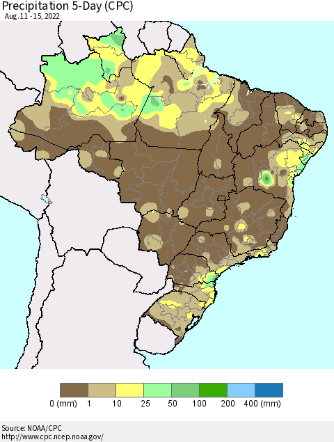 Brazil Precipitation 5-Day (CPC) Thematic Map For 8/11/2022 - 8/15/2022