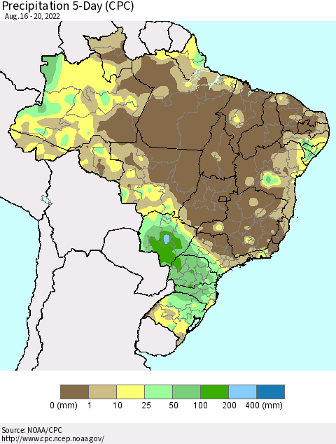Brazil Precipitation 5-Day (CPC) Thematic Map For 8/16/2022 - 8/20/2022