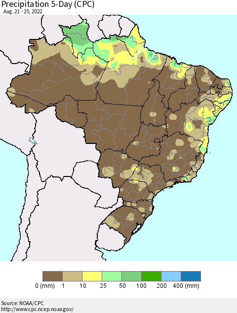 Brazil Precipitation 5-Day (CPC) Thematic Map For 8/21/2022 - 8/25/2022