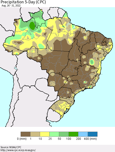 Brazil Precipitation 5-Day (CPC) Thematic Map For 8/26/2022 - 8/31/2022