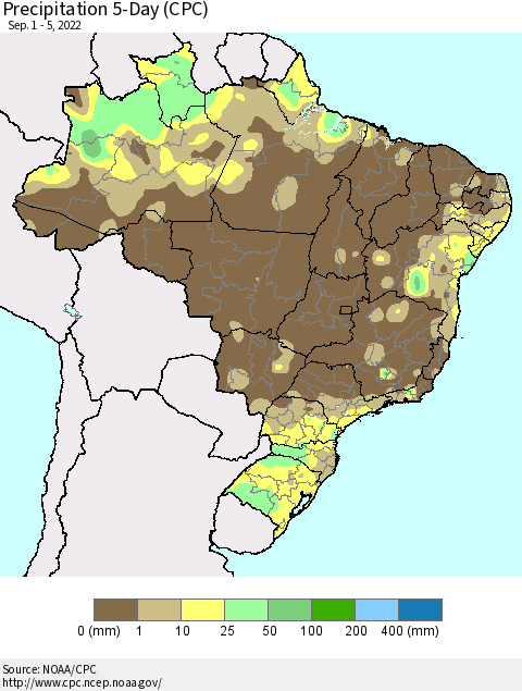 Brazil Precipitation 5-Day (CPC) Thematic Map For 9/1/2022 - 9/5/2022
