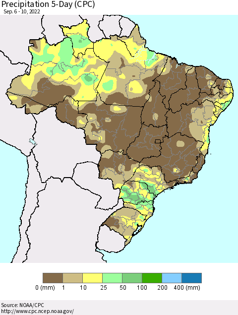 Brazil Precipitation 5-Day (CPC) Thematic Map For 9/6/2022 - 9/10/2022
