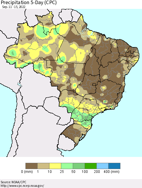 Brazil Precipitation 5-Day (CPC) Thematic Map For 9/11/2022 - 9/15/2022