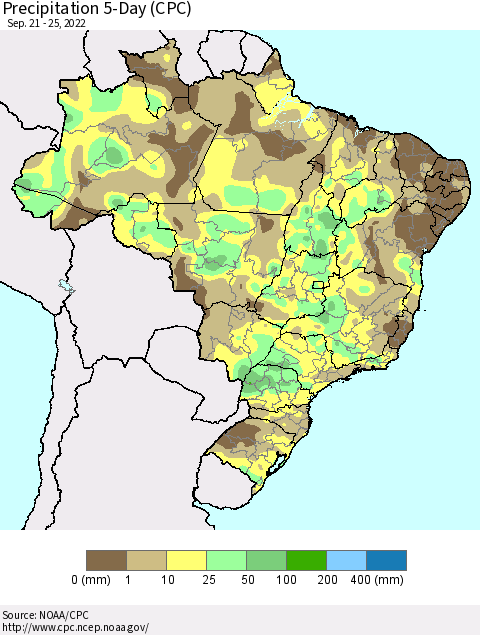 Brazil Precipitation 5-Day (CPC) Thematic Map For 9/21/2022 - 9/25/2022