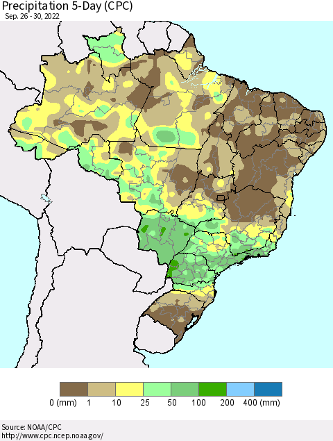 Brazil Precipitation 5-Day (CPC) Thematic Map For 9/26/2022 - 9/30/2022