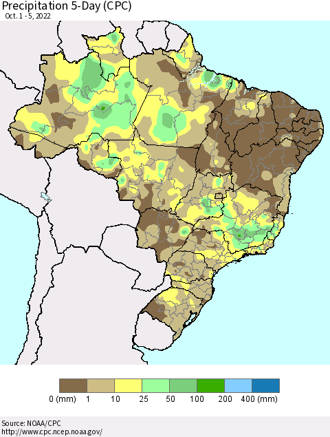 Brazil Precipitation 5-Day (CPC) Thematic Map For 10/1/2022 - 10/5/2022