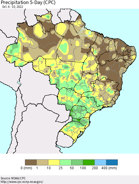 Brazil Precipitation 5-Day (CPC) Thematic Map For 10/6/2022 - 10/10/2022