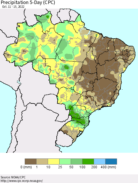 Brazil Precipitation 5-Day (CPC) Thematic Map For 10/11/2022 - 10/15/2022