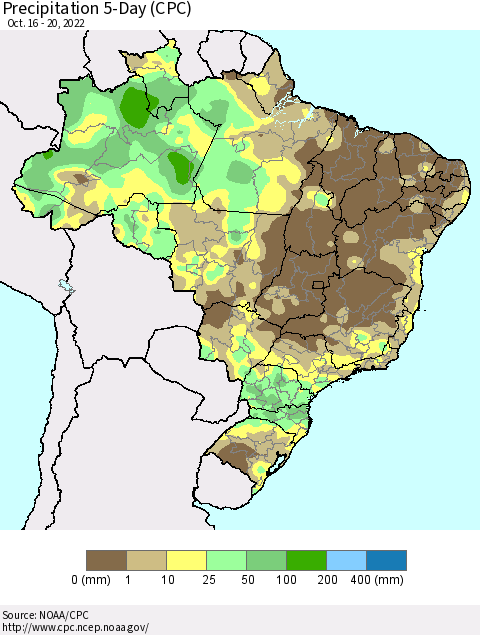 Brazil Precipitation 5-Day (CPC) Thematic Map For 10/16/2022 - 10/20/2022